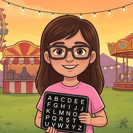 Piper, Prax's sister, wearing glasses and holding a letter board.