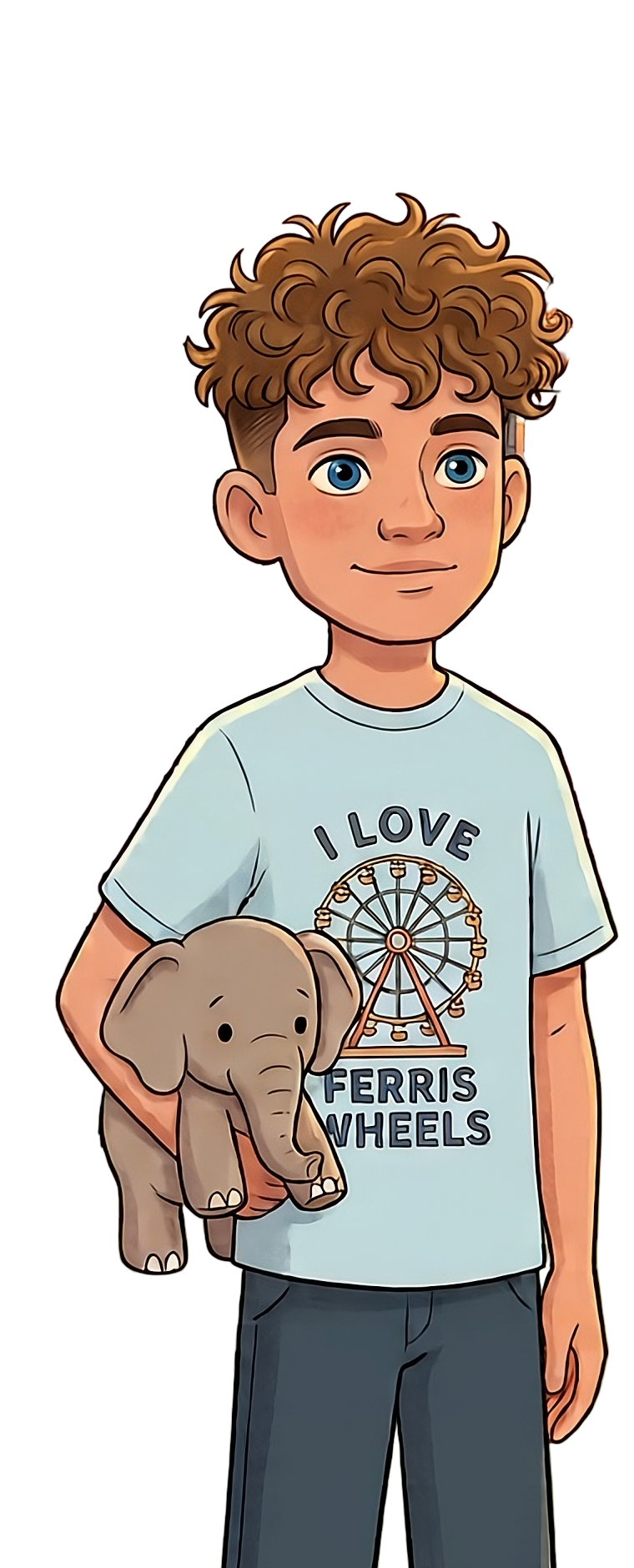 Prax, a curly-haired boy in an 'I love Ferris wheels' T-shirt, holding Tusk his stuffed elephant.